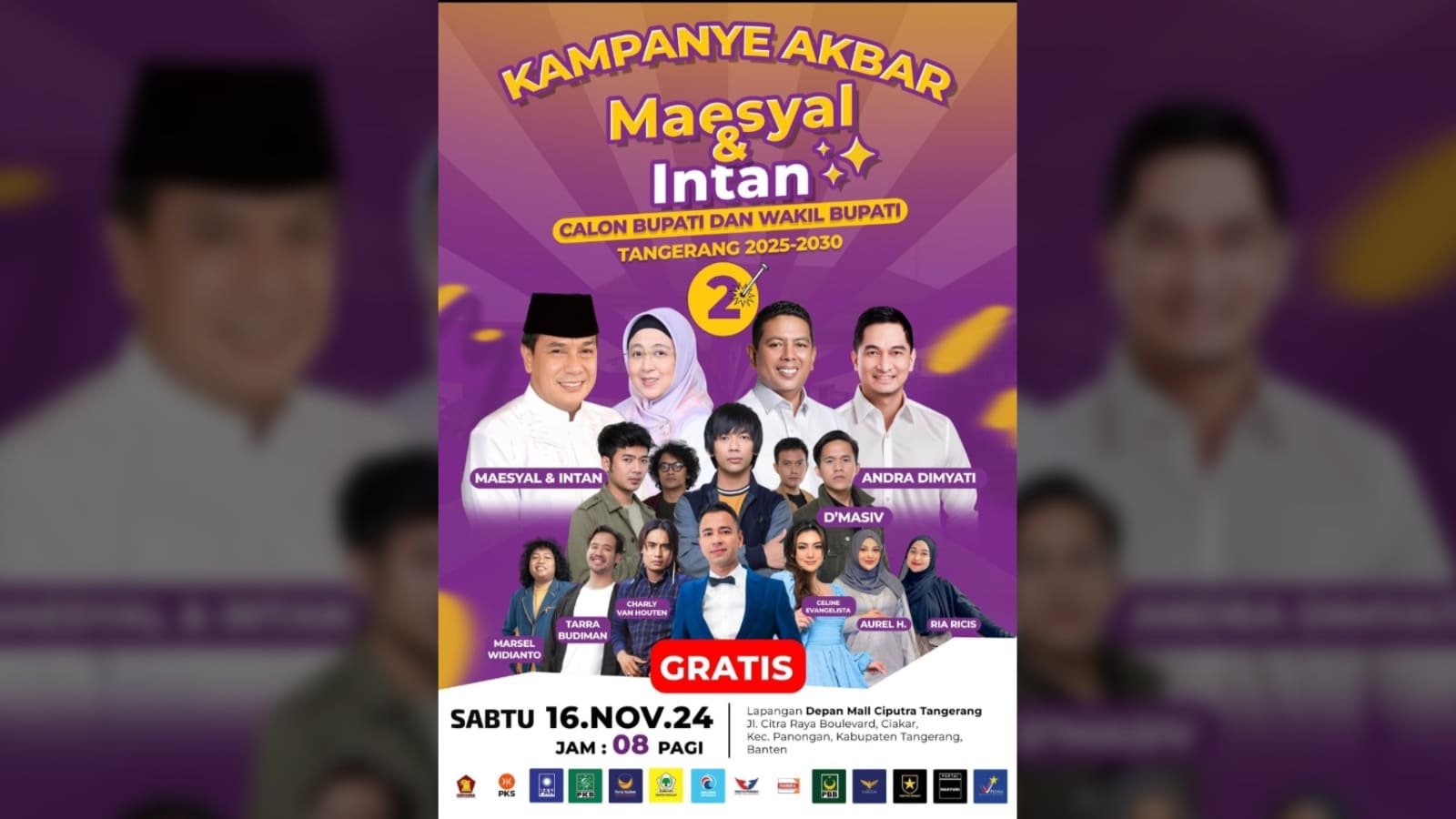 Kampanye akbar Maesyal-Intan di Citra Raya pada 16 November 2024 akan dimeriahkan oleh artis dan band papan atas seperti Ria Ricis, Aurel Hermansyah, dan D'Masiv, acara ini menjadi momen penting untuk mendukung pasangan calon Bupati dan Wakil Bupati Tangerang.