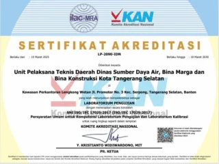 Laboratorium Pengujian Konstruksi Tangerang Selatan terakreditasi KAN, menyediakan layanan pengujian bahan konstruksi.