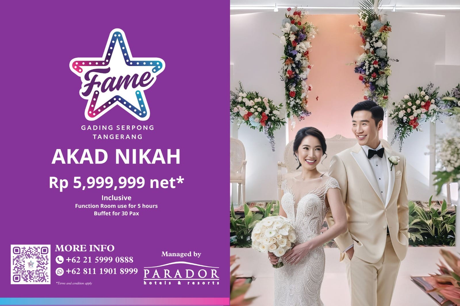 Fame Hotel Gading Serpong tawarkan paket akad nikah elegan Rp 5,9 juta lengkap dengan venue 5 jam & buffet 30 tamu.