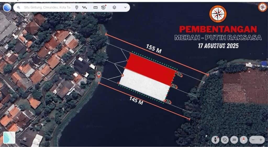 Tangsel gelar pembentangan bendera Merah Putih raksasa di Setu Gintung pada 17 Agustus 2025, libatkan puluhan komunitas.