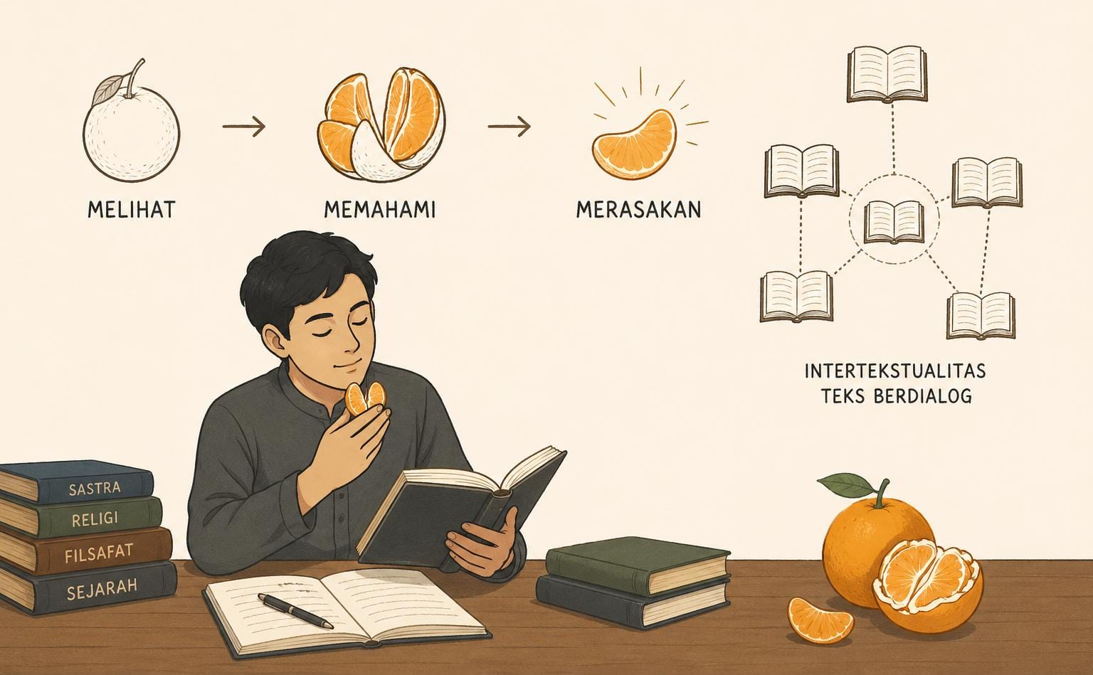 Refleksi belajar sastra dan religi: dari analisis akal menuju rasa, memahami teks sebagai pengalaman batin yang utuh dan mendalam.