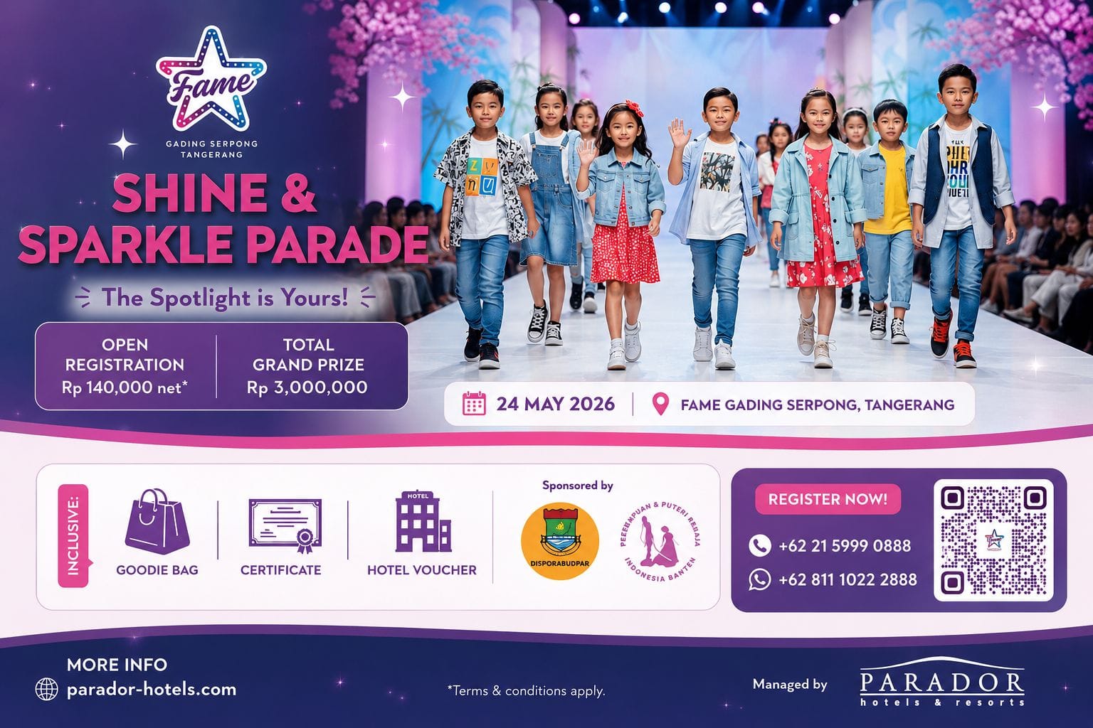Fame Hotel Gading Serpong gelar Shine & Sparkle Parade 2026 pada 24 Mei, ajang kids fashion show untuk kreativitas anak di Tangerang.