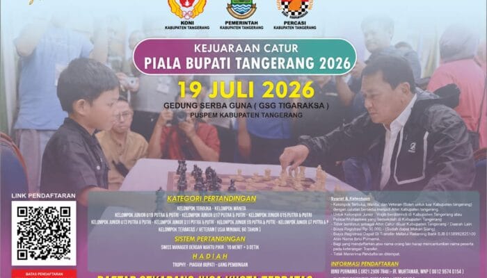 Piala Bupati Tangerang 2026 membuka kesempatan bagi pecatur muda dan senior untuk berkompetisi sekaligus masuk pembinaan atlet daerah.