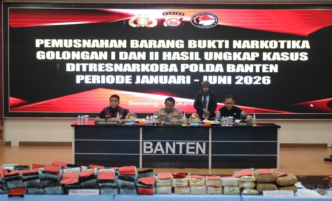 Sebanyak 73,2 kilogram sabu dimusnahkan Polda Banten saat HANI 2026. Barang bukti senilai Rp90,5 miliar diklaim menyelamatkan 332 ribu jiwa.