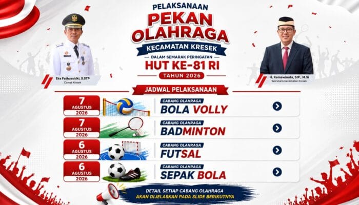 Camat Kresek mengajak seluruh SMA/sederajat mengikuti PORCAM 2026 sebagai ajang sportivitas, persatuan, dan pencarian bibit atlet.