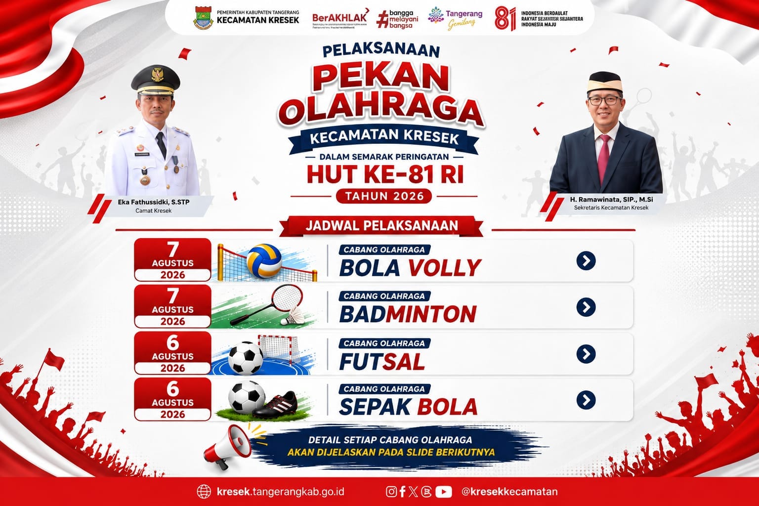 Camat Kresek mengajak seluruh SMA/sederajat mengikuti PORCAM 2026 sebagai ajang sportivitas, persatuan, dan pencarian bibit atlet.