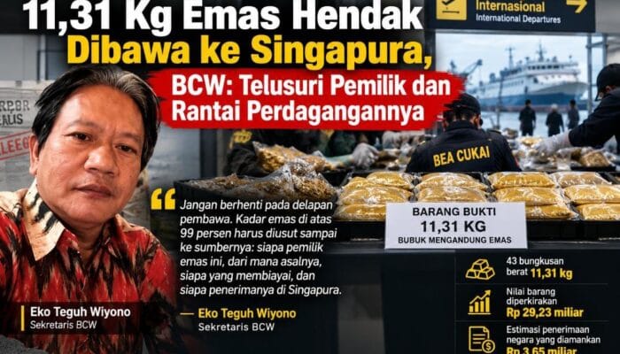 Sebanyak 11,31 kg emas berkadar lebih dari 99 persen diamankan dari delapan penumpang. BCW dorong penelusuran rantai perdagangan.