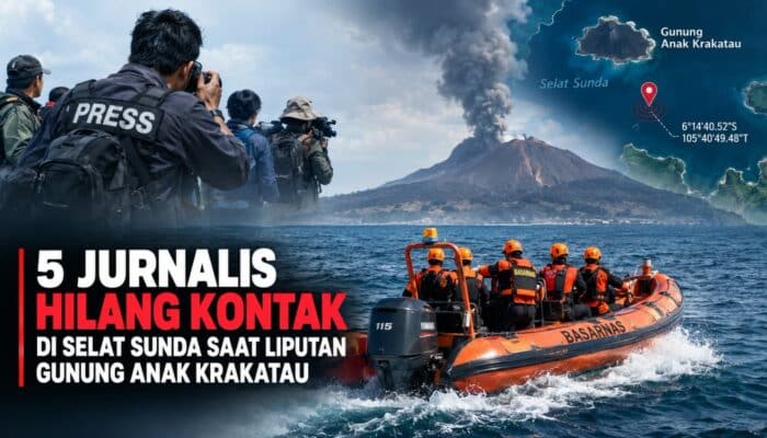 Lima jurnalis dan tiga kru speedboat hilang kontak saat liputan Gunung Anak Krakatau. Tim SAR Banten melakukan pencarian.