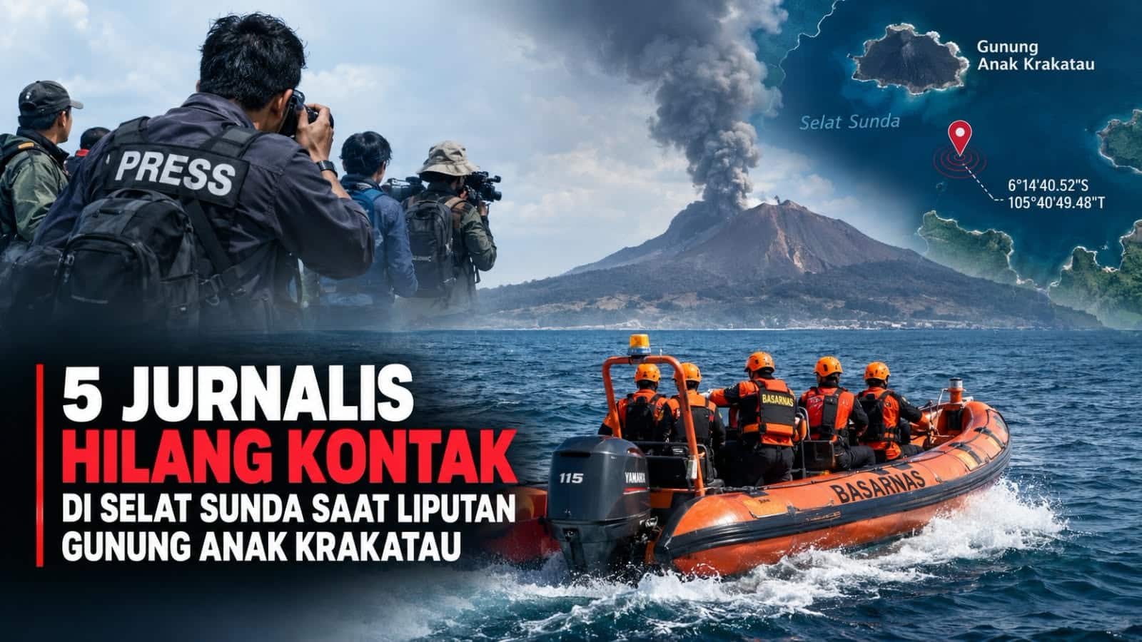 Lima jurnalis dan tiga kru speedboat hilang kontak saat liputan Gunung Anak Krakatau. Tim SAR Banten melakukan pencarian.