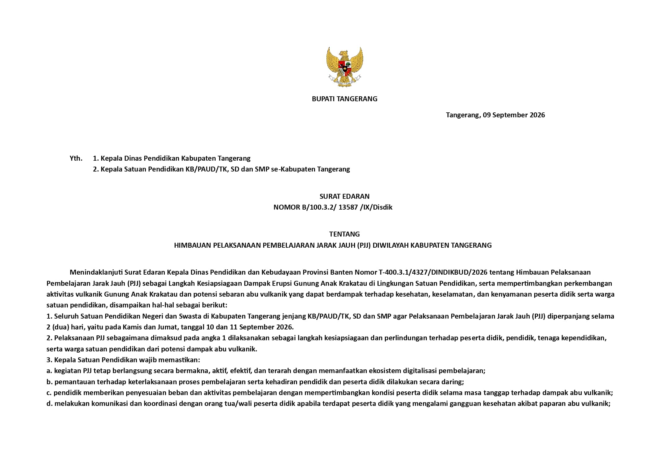 PJJ di Kabupaten Tangerang diperpanjang hingga 11 September menyusul potensi sebaran abu vulkanik Gunung Anak Krakatau.