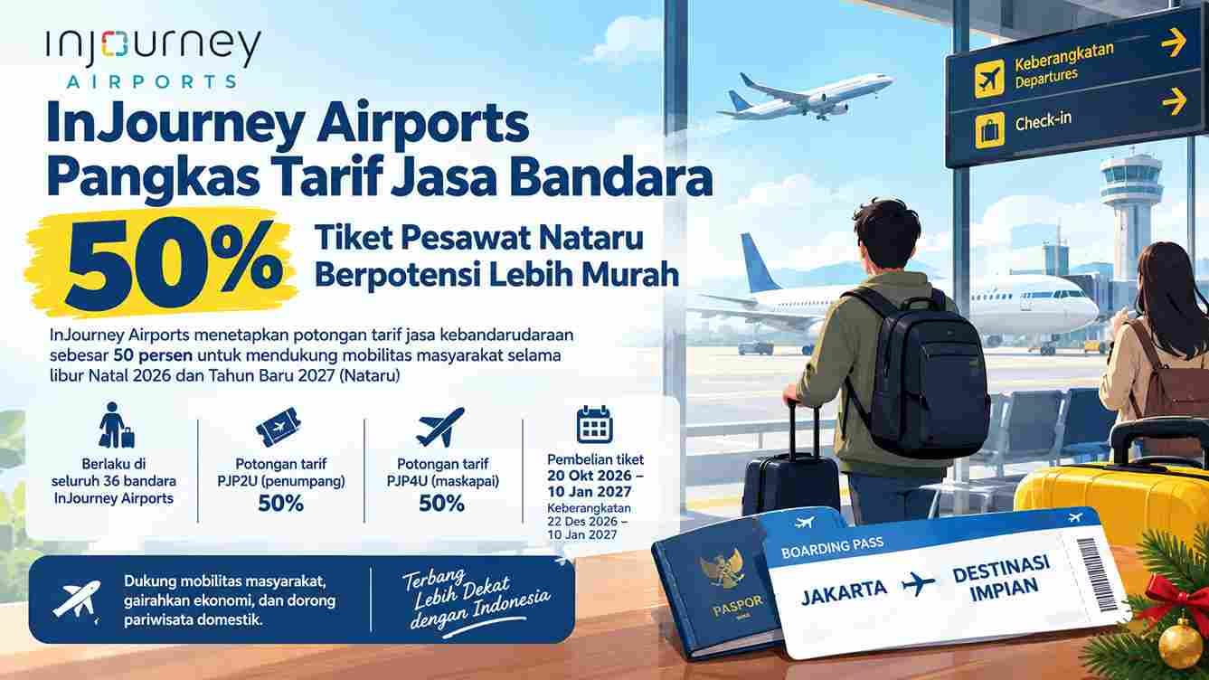 InJourney Airports memberikan diskon tarif jasa penumpang 50 persen di 36 bandara untuk penerbangan domestik selama libur Nataru.