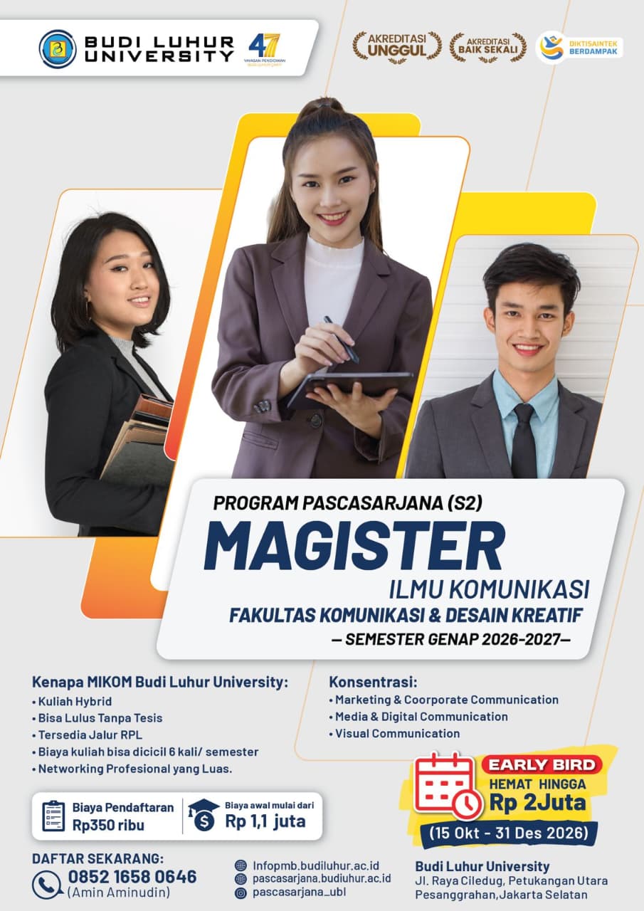 Pendaftaran Magister Ilmu Komunikasi Budi Luhur dibuka untuk lulusan S1 berbagai disiplin dengan kurikulum berbasis teknologi.